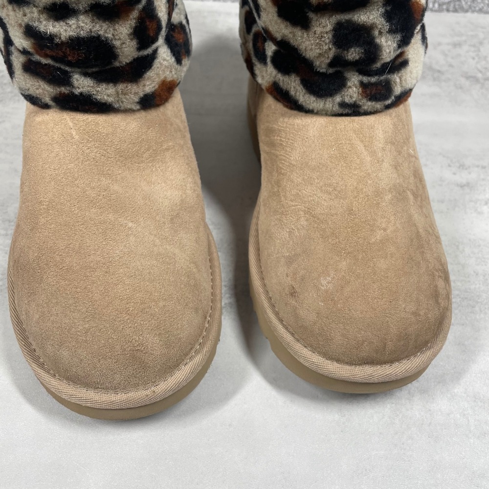 UGG Boots Womens 8 Fluff Mini Quilted Leopard Short Chestnut Tan Sheepskin - Picture 6 of 12